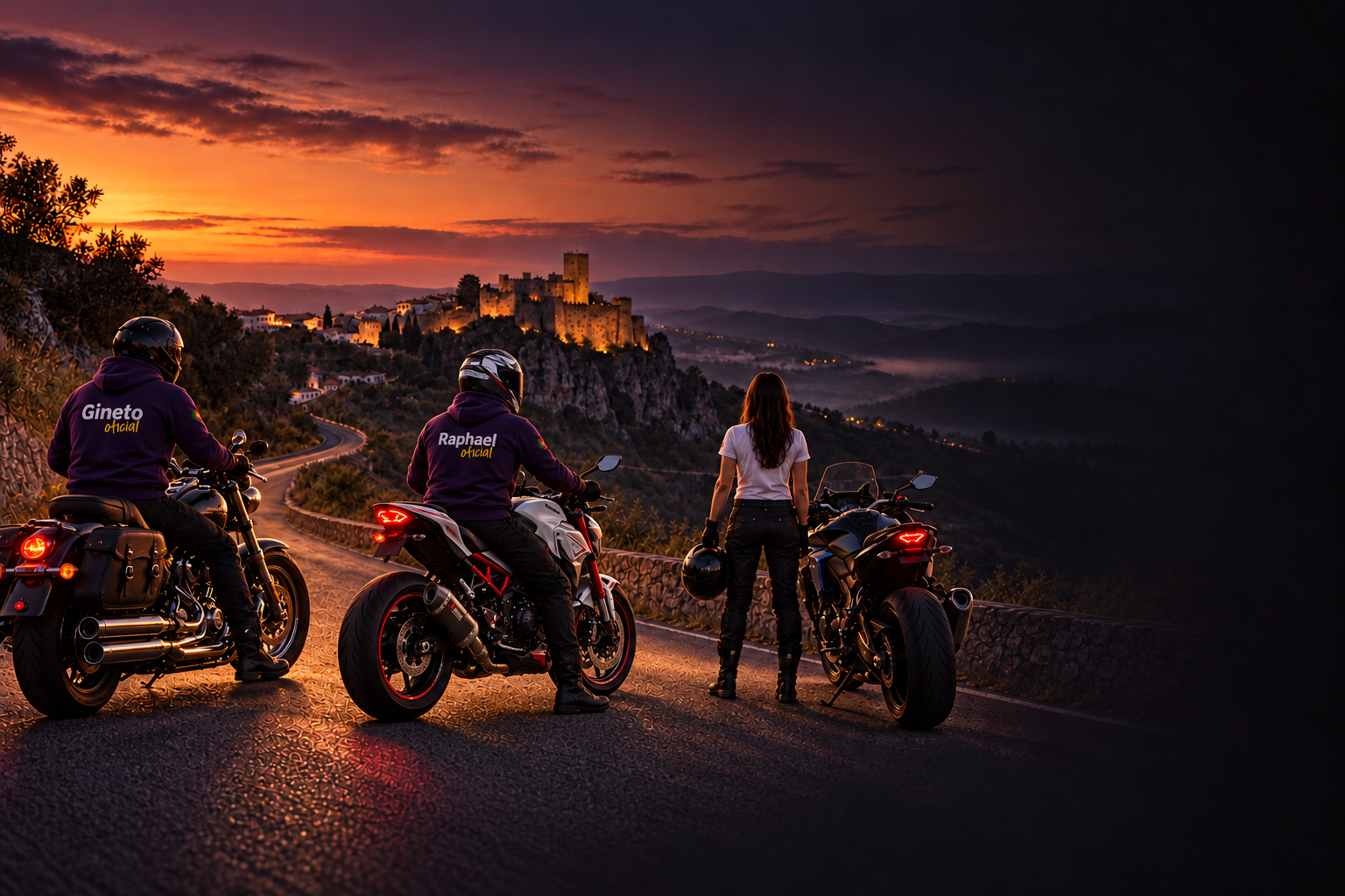 Motociclistas parados na estrada ao pôr do sol, com o castelo ao fundo