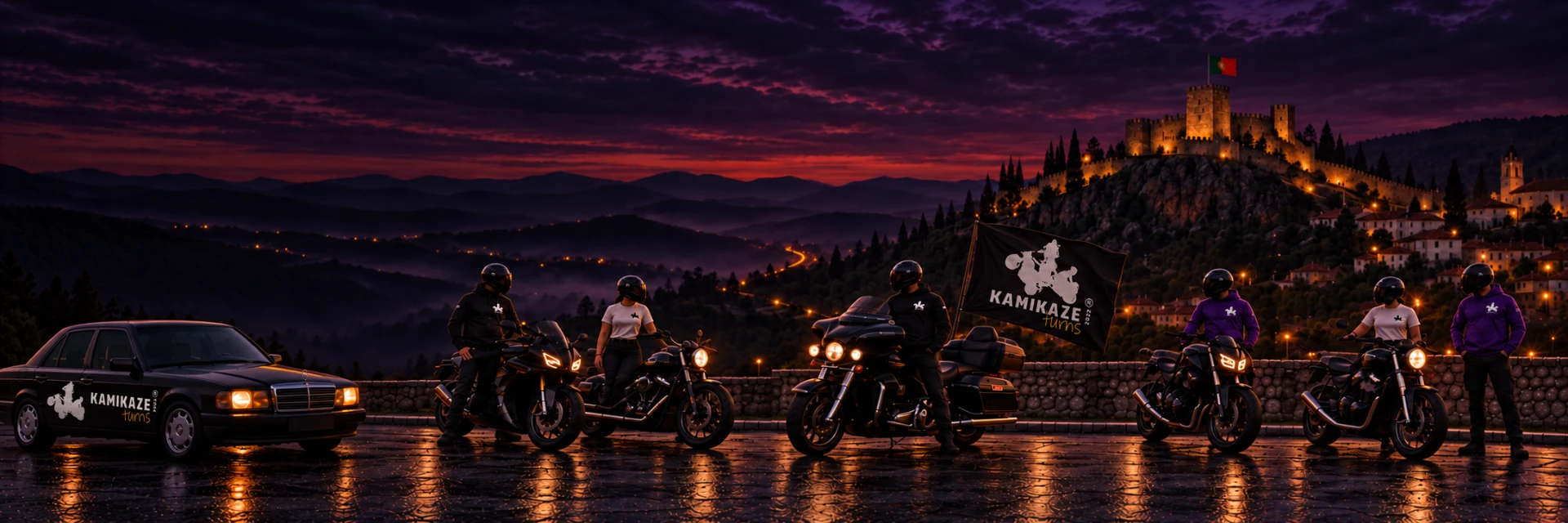 Grupo de motociclistas com as motas num miradouro ao anoitecer, com a bandeira do clube ao centro e o castelo iluminado à direita